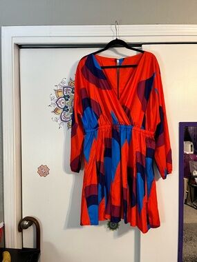 L'ATISTE Red, Blue & Purple Abstract Long-Sleeve Dress
